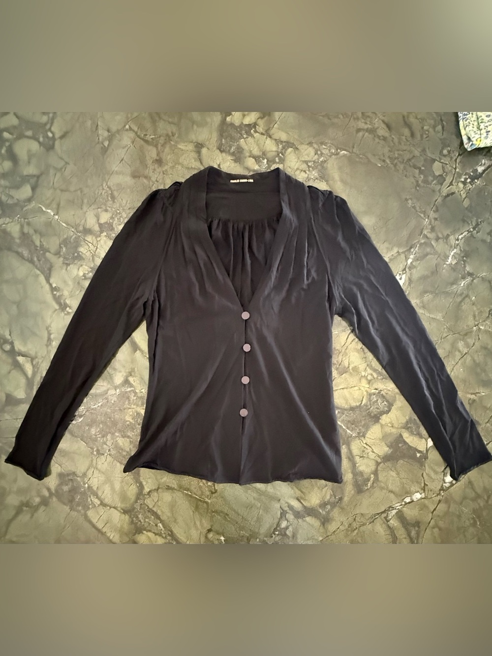 Charles Chang Lima Black Long-Sleeve V-Neck Button Front Women's Top